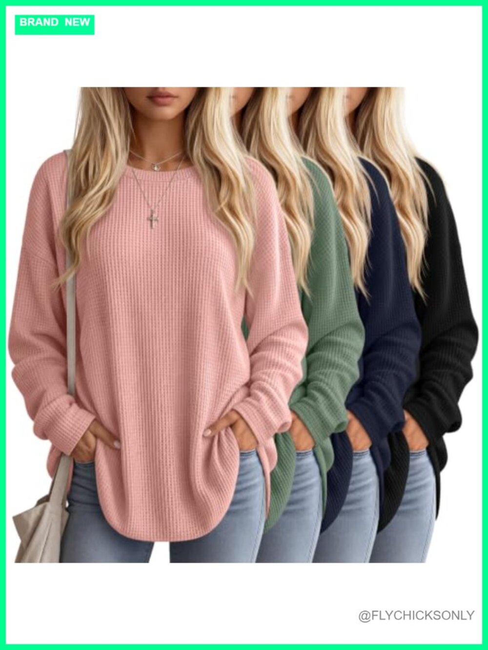 Waffle Knit Oversized Long Sleeve Sweatshirt 4 Pack Womens Crew Neck Casual